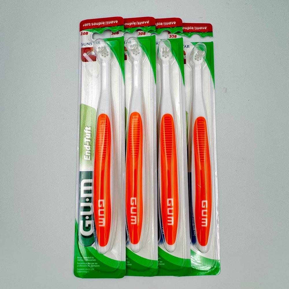 GUM End-Tuft Toothbrush Orange 4 Pack Soft Bristle 308‎ NEW